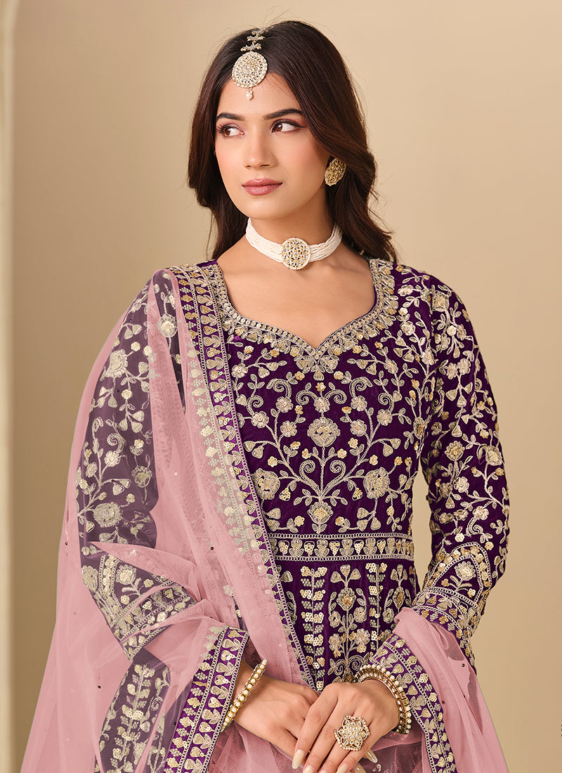 Purple Velvet Embroidery Work Party Wear Gown With Dupatta SW707525