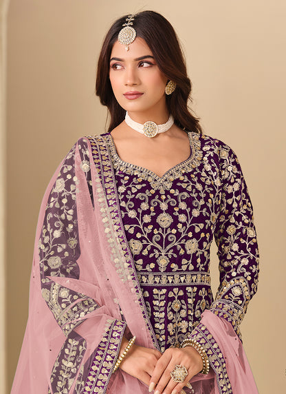 Purple Velvet Embroidery Work Party Wear Gown With Dupatta SW707525