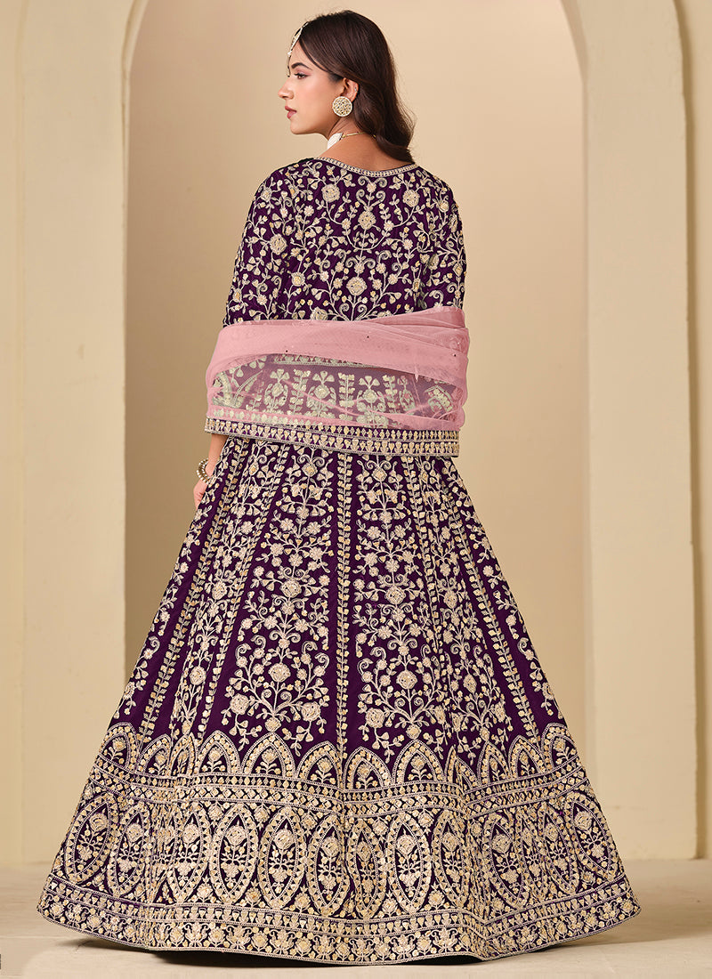 Purple Velvet Embroidery Work Party Wear Gown With Dupatta SW707525