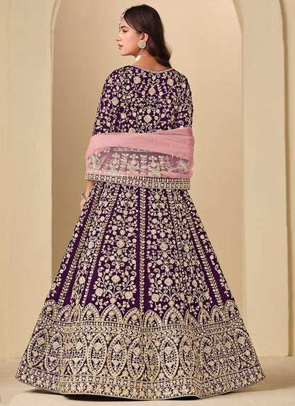 Purple Velvet Embroidery Work Party Wear Gown With Dupatta SW707525
