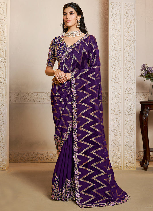 Velvet Silk Purple Wedding Wear Embroidery Work Saree 386120