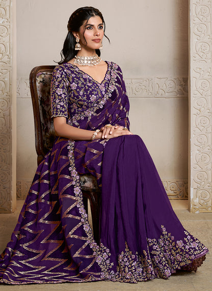 Velvet Silk Purple Wedding Wear Embroidery Work Saree 386120