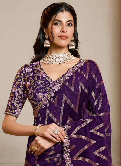 Velvet Silk Purple Wedding Wear Embroidery Work Saree 386120