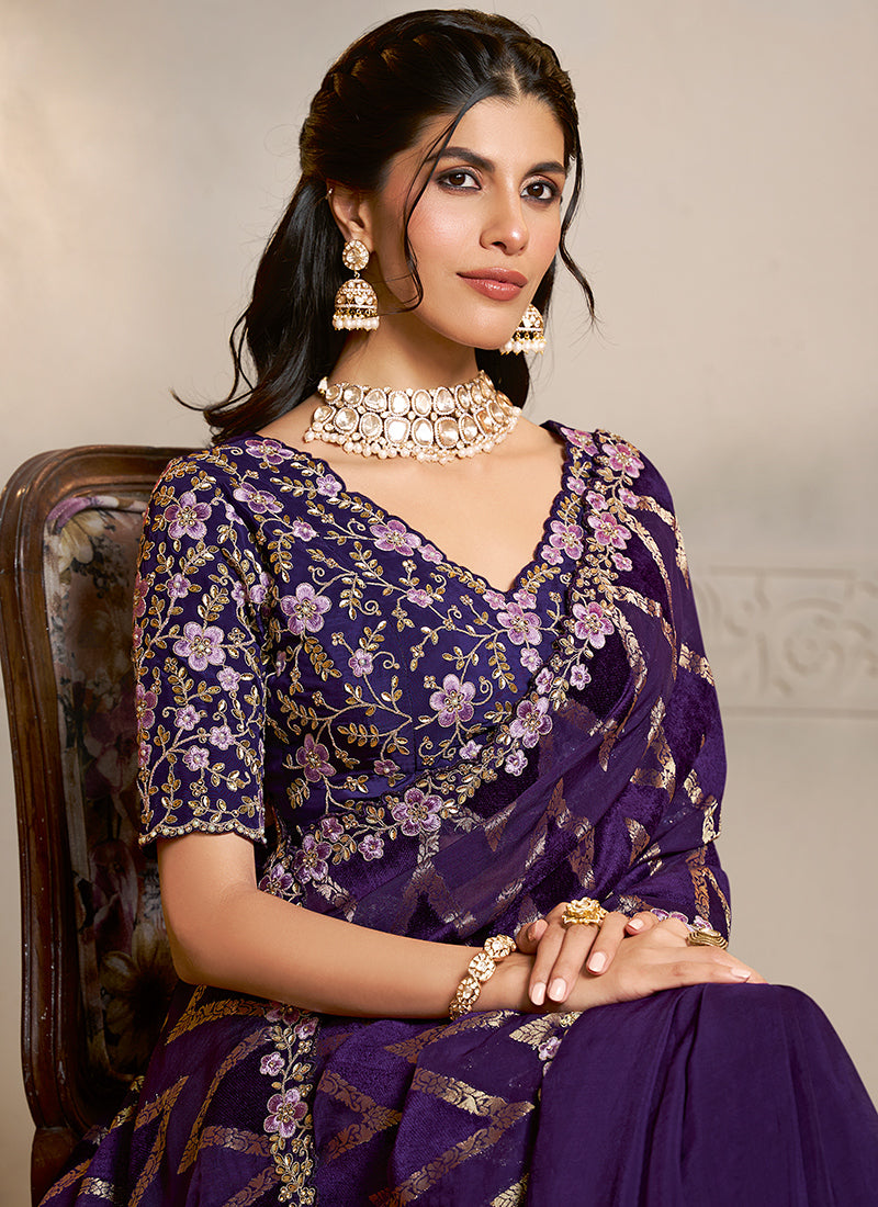 Velvet Silk Purple Wedding Wear Embroidery Work Saree 386120