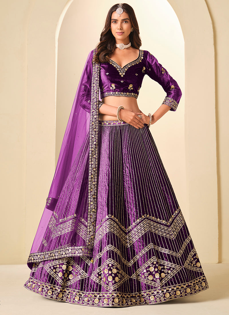 Velvet Purple Wedding Wear Sequins Work Lehenga Choli 388578