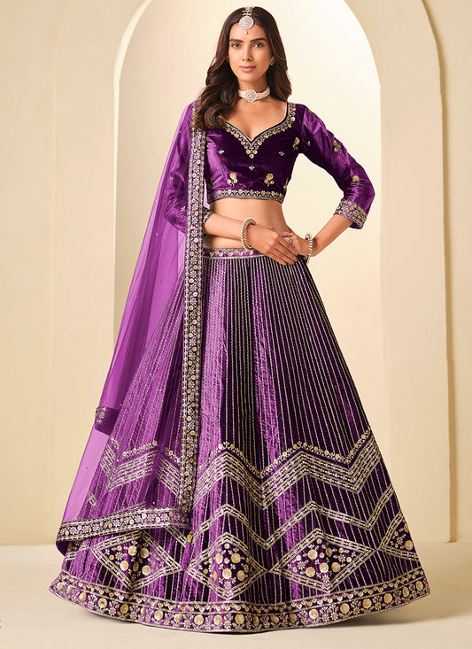 Velvet Purple Wedding Wear Sequins Work Lehenga Choli 388578