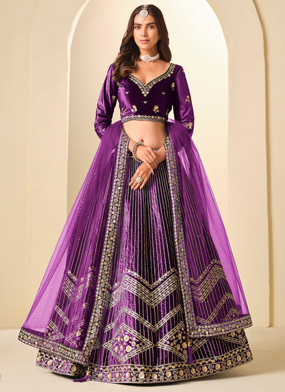 Velvet Purple Wedding Wear Sequins Work Lehenga Choli 388578