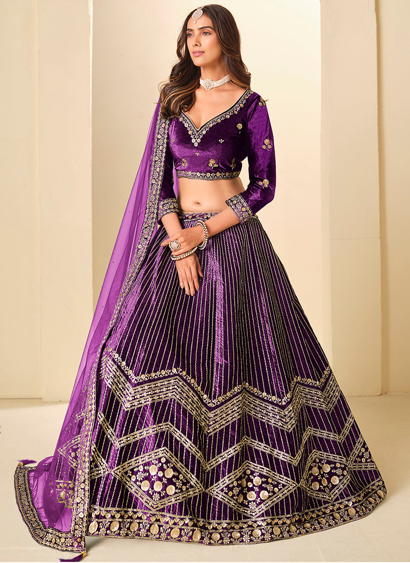 Velvet Purple Wedding Wear Sequins Work Lehenga Choli 388578