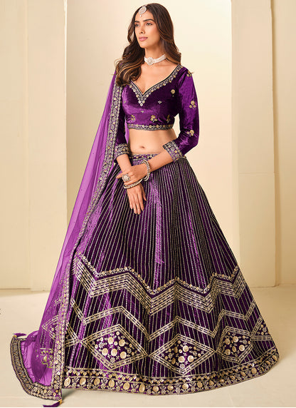 Velvet Purple Wedding Wear Sequins Work Lehenga Choli 388578