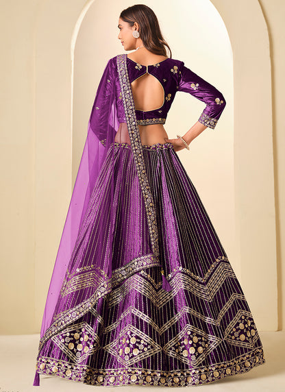 Velvet Purple Wedding Wear Sequins Work Lehenga Choli 388578