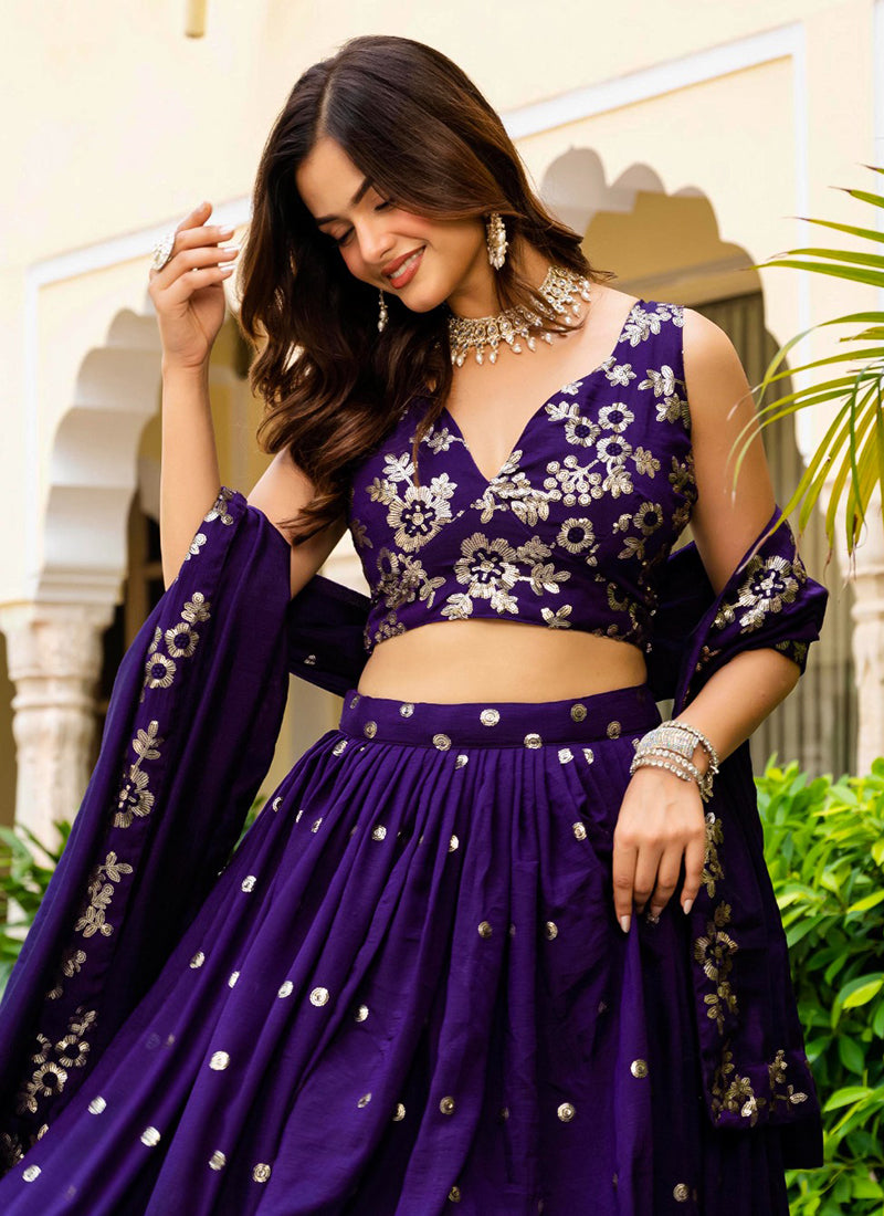 Vichitra Silk Purple Wedding Wear Embroidery Work Lehenga Choli 385674