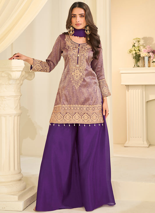 Viscose   Purple Festival Wear Jacquard Readymade Plazzo Suit 390765