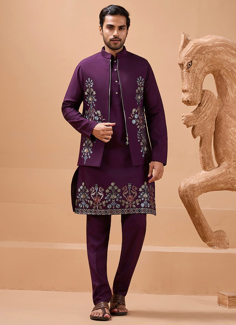 386669 Viscose Silk Purple Festival Wear Sequin Embroidery Work Readymade Modi Jacket Kurta Pajama