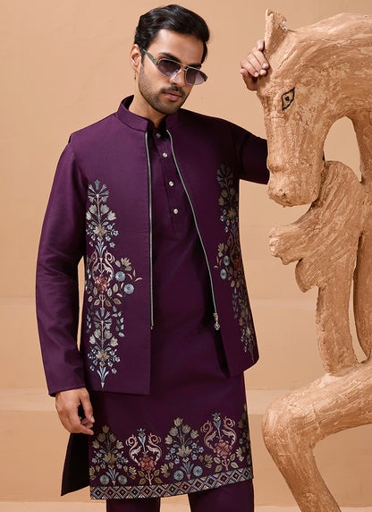 386669 Viscose Silk Purple Festival Wear Sequin Embroidery Work Readymade Modi Jacket Kurta Pajama