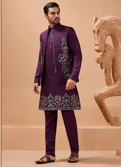386669 Viscose Silk Purple Festival Wear Sequin Embroidery Work Readymade Modi Jacket Kurta Pajama