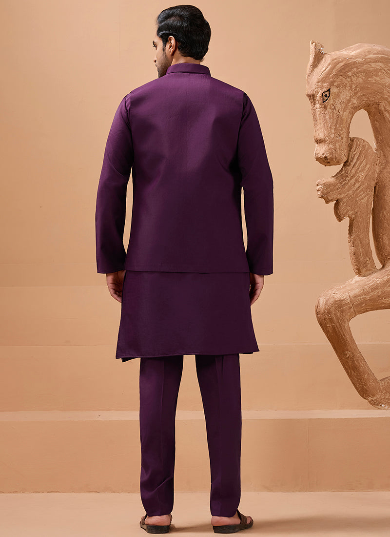 386669 Viscose Silk Purple Festival Wear Sequin Embroidery Work Readymade Modi Jacket Kurta Pajama