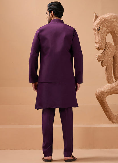 386669 Viscose Silk Purple Festival Wear Sequin Embroidery Work Readymade Modi Jacket Kurta Pajama