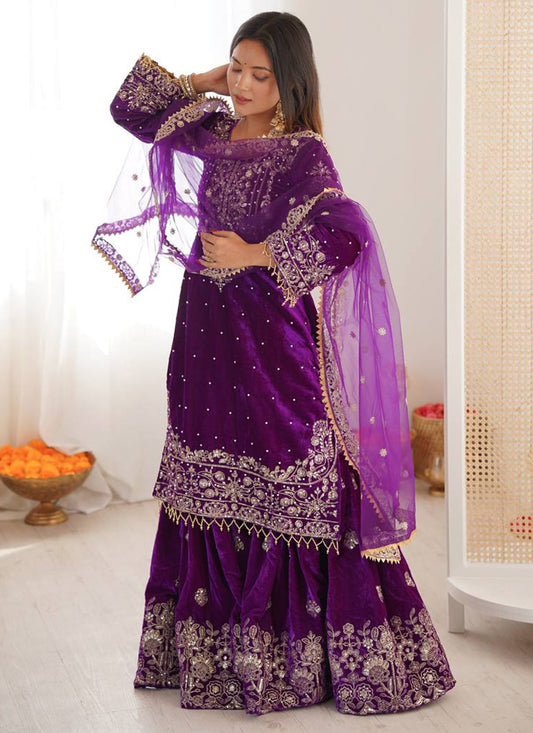 Purple Viscose Velvet Embroidery Work Festival Wear Readymade Sharara Suit SW368592