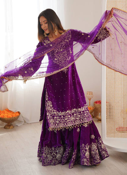 Purple Viscose Velvet Embroidery Work Festival Wear Readymade Sharara Suit SW368592
