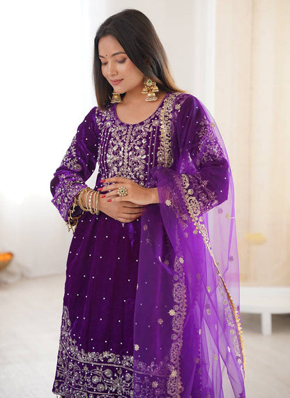 Purple Viscose Velvet Embroidery Work Festival Wear Readymade Sharara Suit SW368592