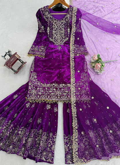 Purple Viscose Velvet Embroidery Work Festival Wear Readymade Sharara Suit SW368592