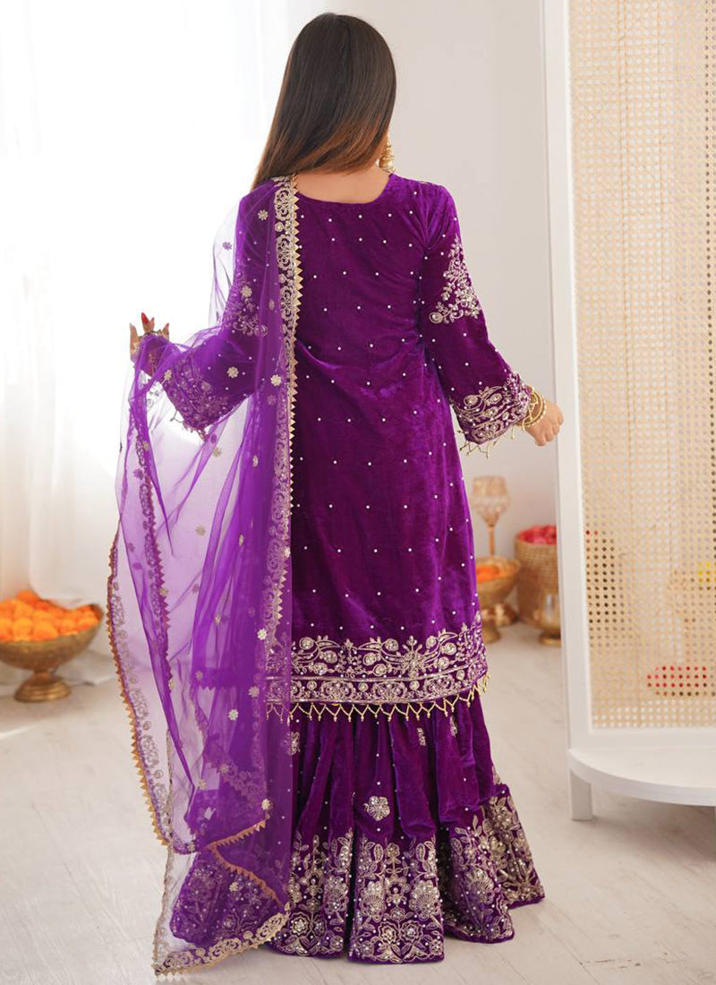 Purple Viscose Velvet Embroidery Work Festival Wear Readymade Sharara Suit SW368592