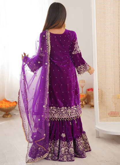 Purple Viscose Velvet Embroidery Work Festival Wear Readymade Sharara Suit SW368592