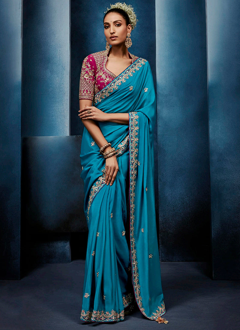 Rama Fancy Silk Embroidery Work Wedding Wear Saree SW501211
