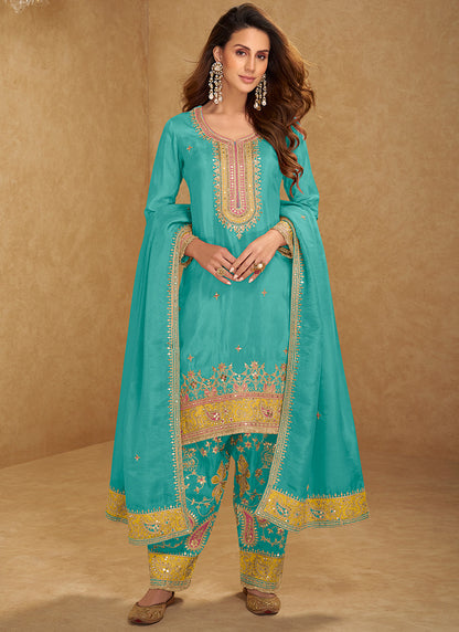 Shimmer Silk Rama Green Wedding Wear Embroidery Work Readymade Patiyala Suit 385432