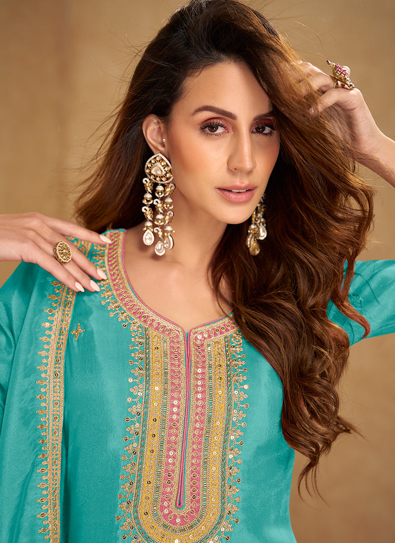 Shimmer Silk Rama Green Wedding Wear Embroidery Work Readymade Patiyala Suit 385432