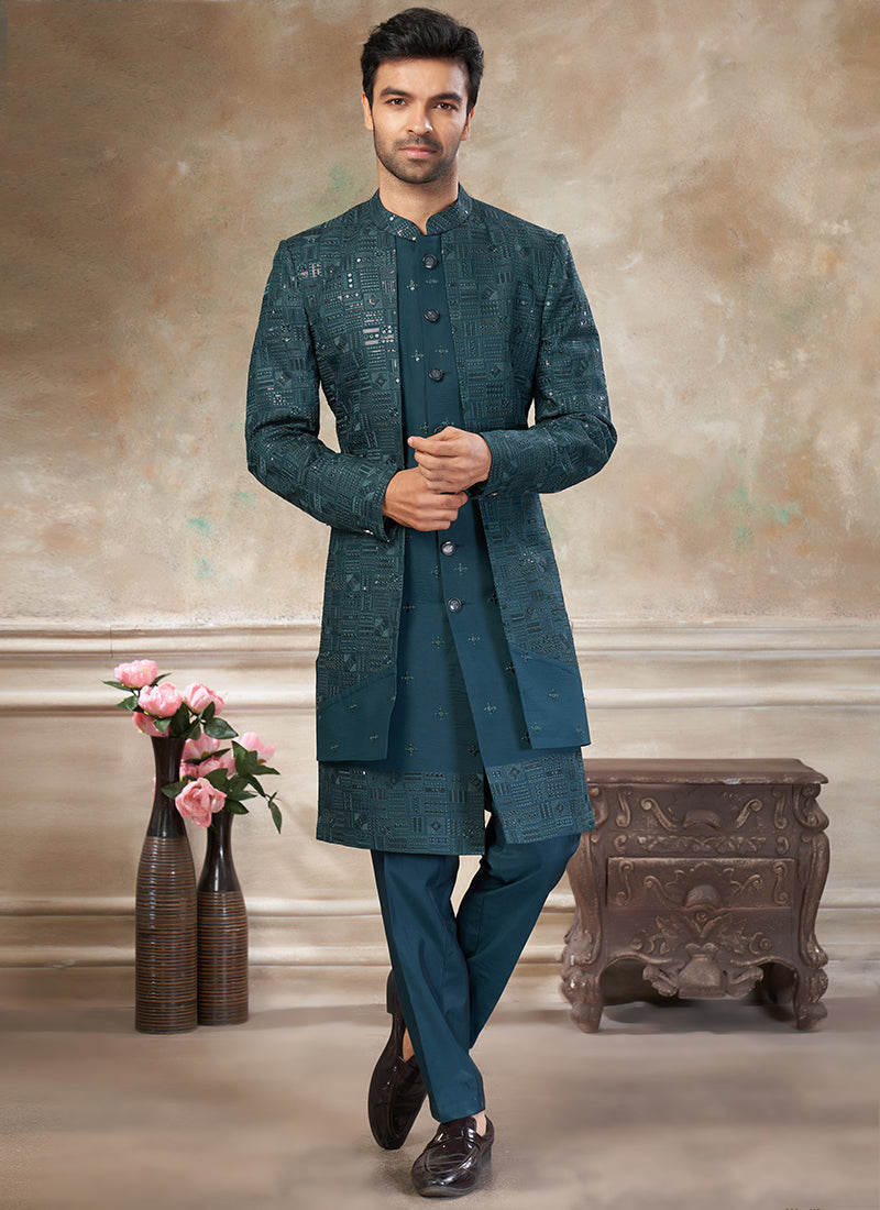 Silk Rama Green Party Wear Embroidery Work Readymade Indo Western Suit 386318