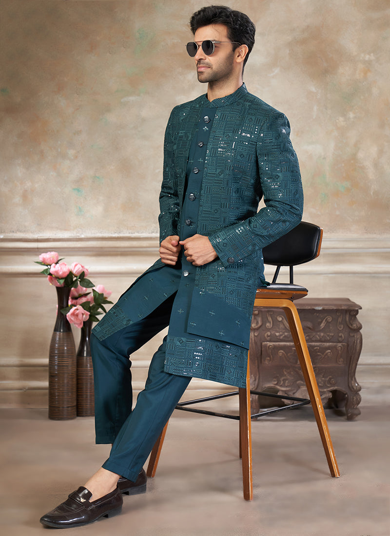 Silk Rama Green Party Wear Embroidery Work Readymade Indo Western Suit 386318