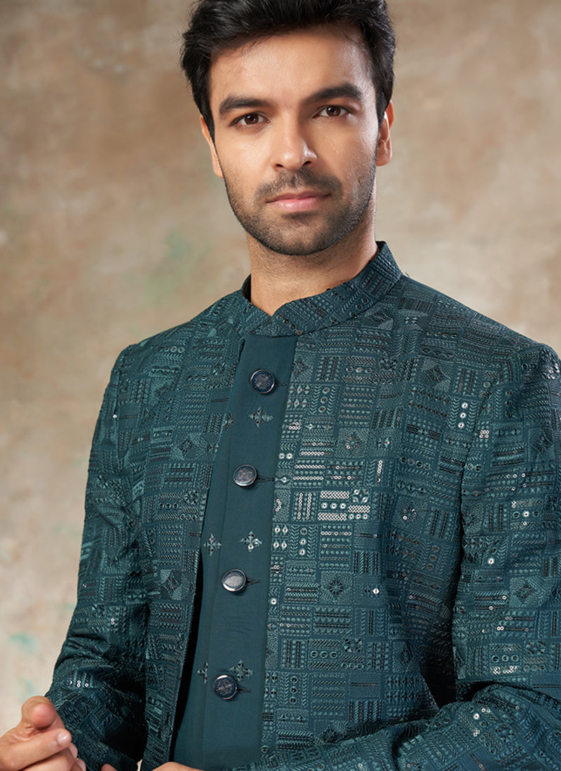 Silk Rama Green Party Wear Embroidery Work Readymade Indo Western Suit 386318