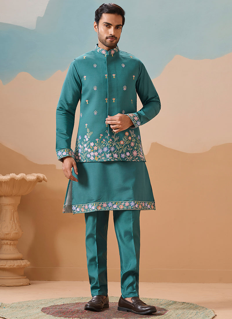 Viscose Silk Rama Green Festival Wear Embroidery Work Readymade Modi Jacket Kurta Pajama 385581