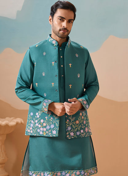 Viscose Silk Rama Green Festival Wear Embroidery Work Readymade Modi Jacket Kurta Pajama 385581