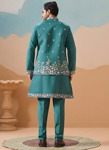 Viscose Silk Rama Green Festival Wear Embroidery Work Readymade Modi Jacket Kurta Pajama 385581