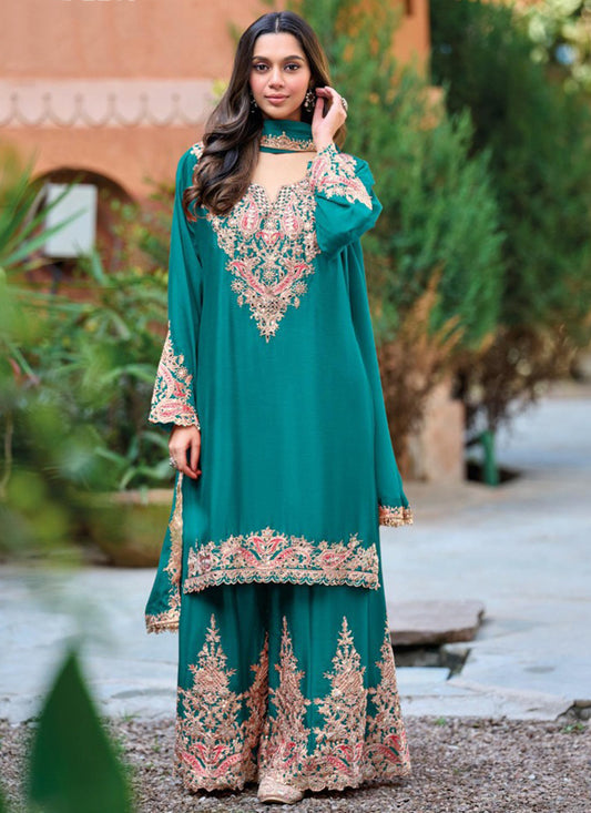 Heavy Chinon Rama Party Wear Embroidery Work Readymade Plazzo Suit 388298