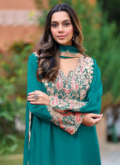 Heavy Chinon Rama Party Wear Embroidery Work Readymade Plazzo Suit 388298