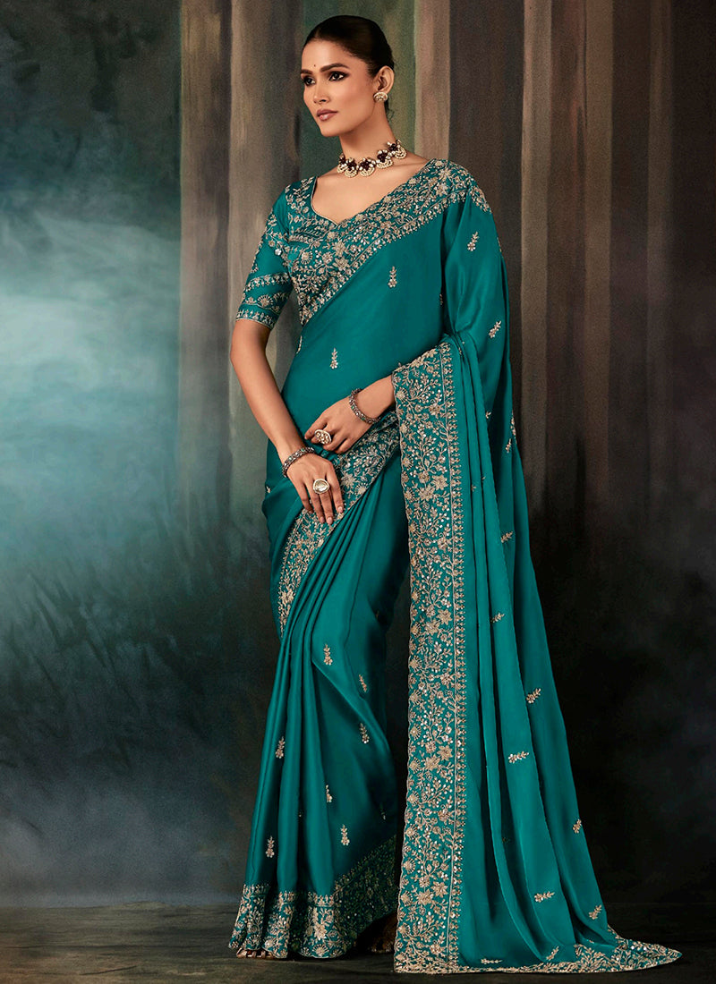 Pure Fancy Rama Bridal Wear Heavy Work Bridal Saree 387348