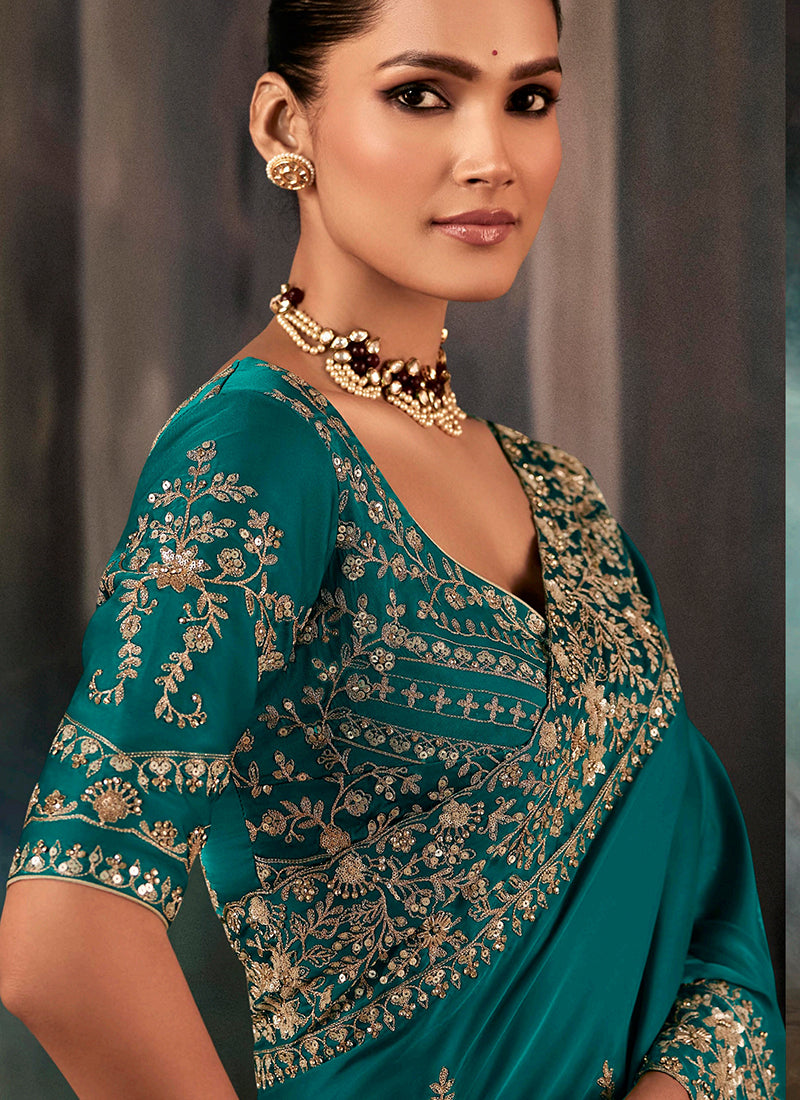 Pure Fancy Rama Bridal Wear Heavy Work Bridal Saree 387348