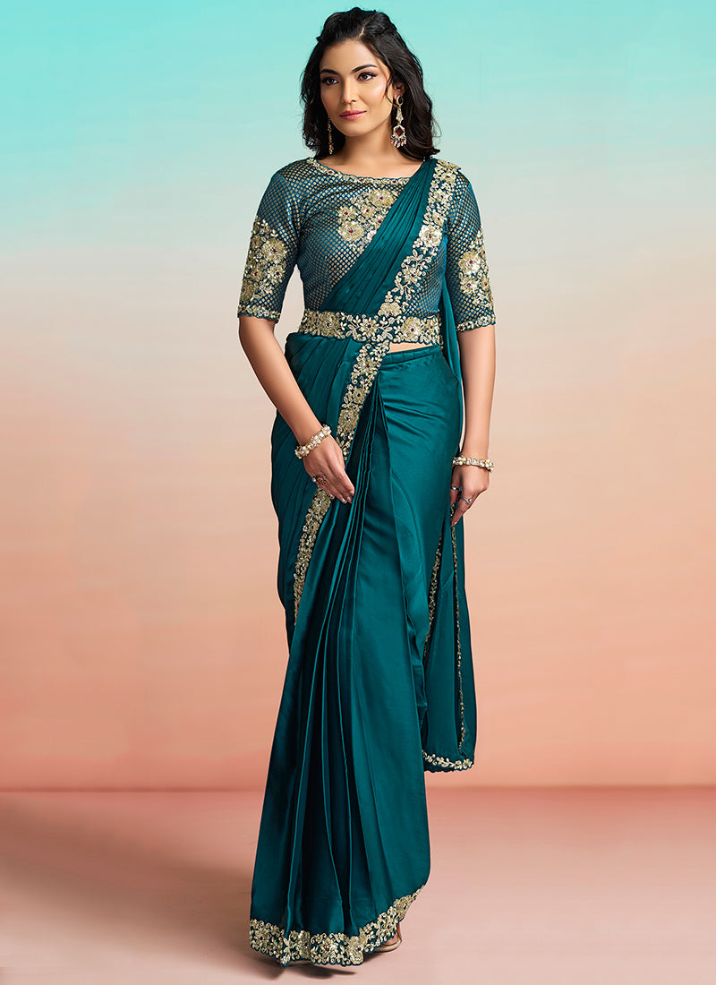 Rama Satin Silk Embroidery Work Festival Wear Readymade Saree SW290735