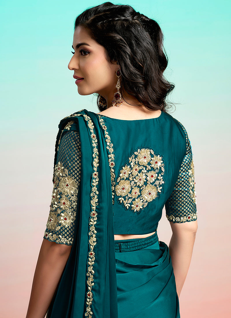 Rama Satin Silk Embroidery Work Festival Wear Readymade Saree SW290735