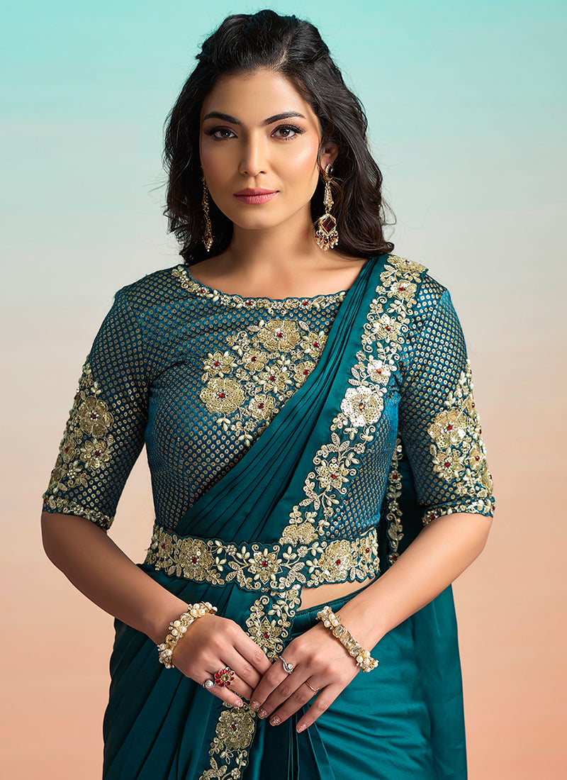 Rama Satin Silk Embroidery Work Festival Wear Readymade Saree SW290735