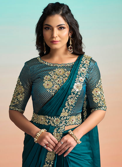 Rama Satin Silk Embroidery Work Festival Wear Readymade Saree SW290735