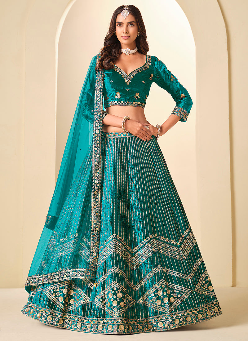 Velvet Rama Wedding Wear Sequins Work Lehenga Choli 388579