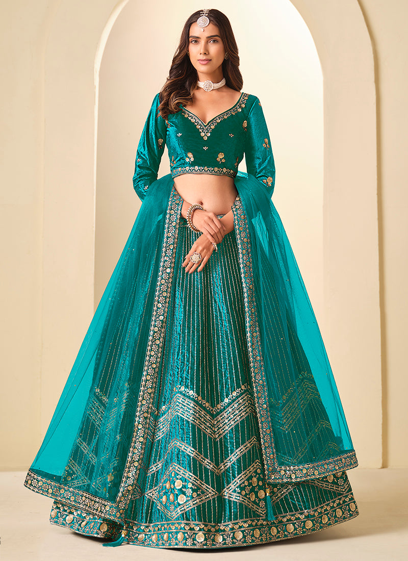 Velvet Rama Wedding Wear Sequins Work Lehenga Choli 388579