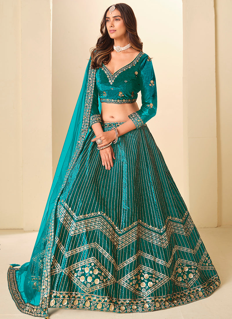 Velvet Rama Wedding Wear Sequins Work Lehenga Choli 388579