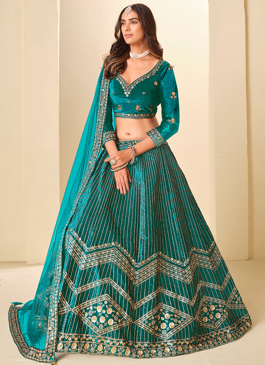 Velvet Rama Wedding Wear Sequins Work Lehenga Choli 388579