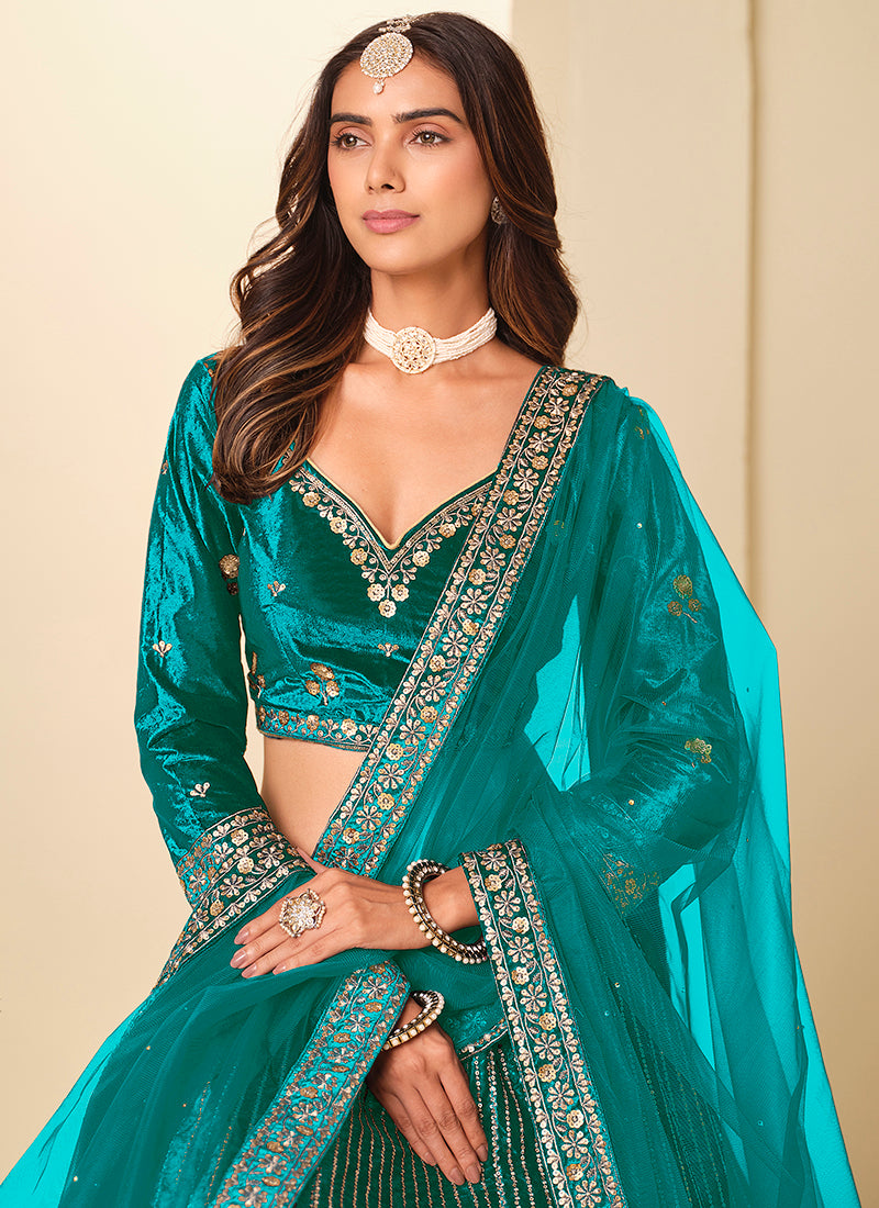 Velvet Rama Wedding Wear Sequins Work Lehenga Choli 388579