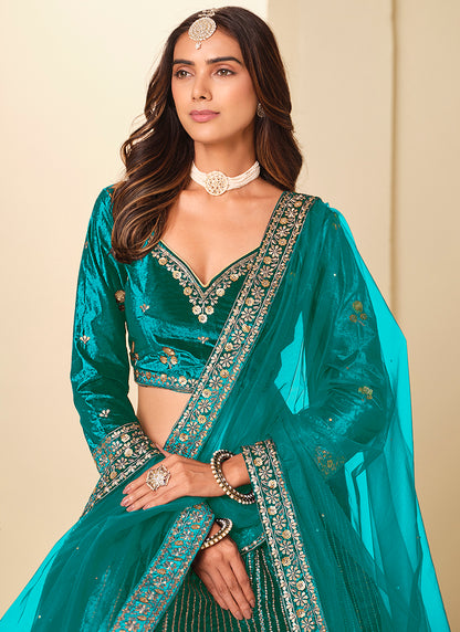 Velvet Rama Wedding Wear Sequins Work Lehenga Choli 388579